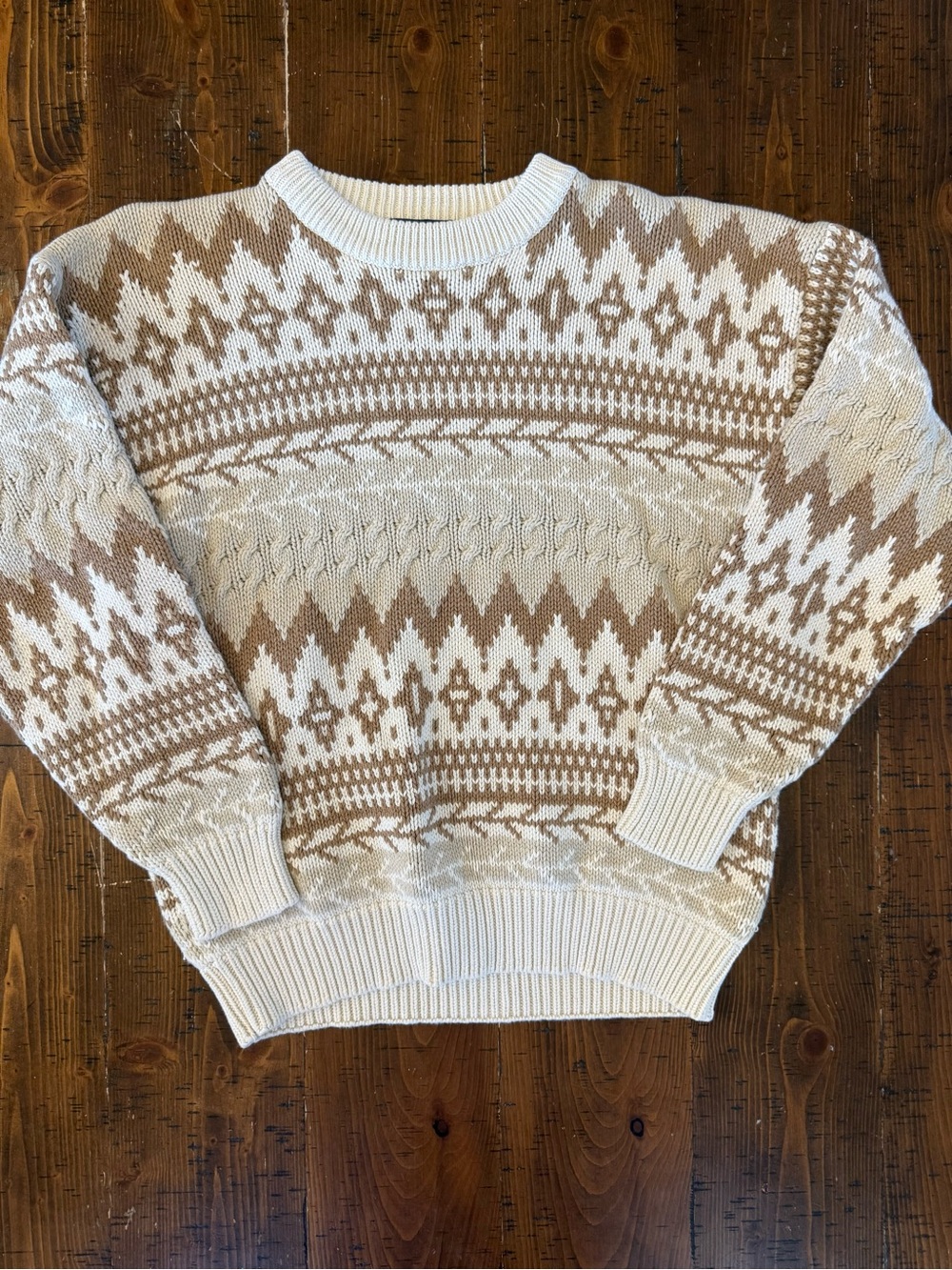 Vintage Woods & Gray Sweater Tan Cream Fair Isle Cable Knit Crewneck Heavy Sz L